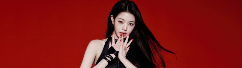 Jang Wonyoung, Red background, IVE (K-pop), 5K, Black dress