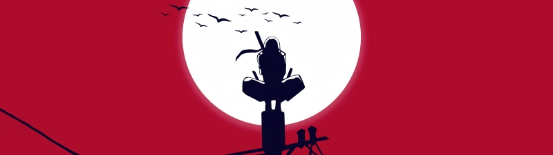 Itachi Uchiha, Moon, Minimalist, Red background, Iconic, Illustration, 5K, Naruto
