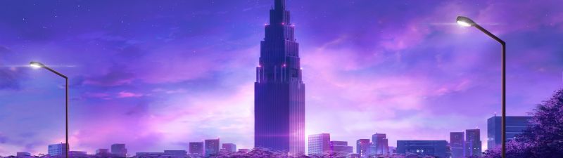 Cityscape, Skyscraper, Evening, Traffic, Purple, Illustration, Aesthetic, 5K