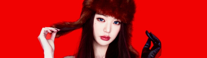 Jang Wonyoung, Blue eyes, 5K, Red background, IVE (K-pop)