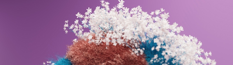 Fluffy, Floral Background, 3D Render, White flowers, Purple background, 5K, Soft focus, Macro, Whimsical, Microsoft Design