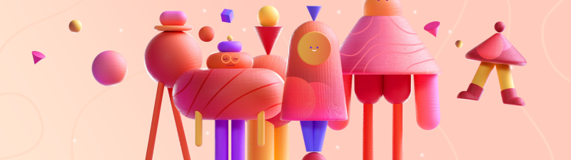 Geometric, Characters, Shapes, Coral, Pastel background, Whimsical, 3D Render, Toys, Microsoft Design