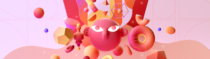 Geometric, Explosion, Floating objects, Hot pink, Vibrant, Dynamic, Pop Art, Coral, Bold, Microsoft Design