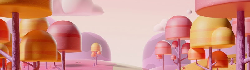 Geometric, Forest, Candy, Cheerful, Pastel colors, Cartoon, 3D Render, Whimsical, Orange aesthetic, 5K