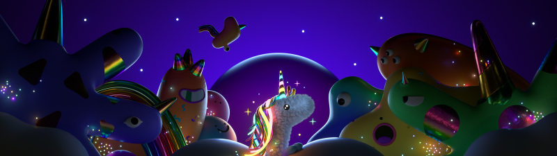 Unicorn, Rainbow mane, Monsters, Magical, Night, Clouds, Dark aesthetic, Dark blue, Kawaii, 3D Render, Neon art