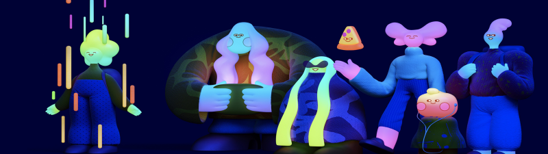 Neon glow, Cute cartoon, 3D Render, Navy blue background, Whimsical, Dark Mode, Microsoft Design