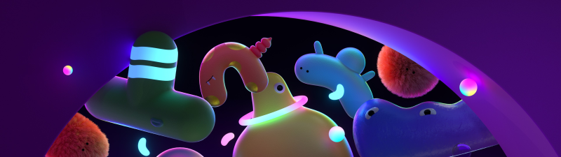 Neon glow, Fuzzy Monsters, Playful, Purple aesthetic, Whimsical, Kawaii, Vibrant, Neon colors, Microsoft Design