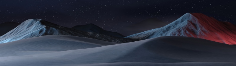 Snow mountains, Starry sky, Sand Dunes, Red glow, Dramatic, Nightscape, Dark aesthetic, Microsoft Design