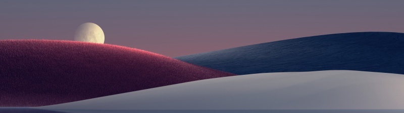 Moonrise, Rolling hills, Surreal landscape, Lake reflection, Digital Art, Dreamlike, Dusk, Twilight, Aesthetic, 5K