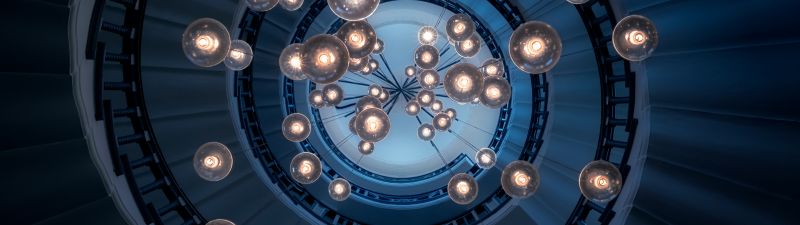 Spiral staircase, 5K, Chandelier, Steps, Look up, Pattern, Lights, Interior, Blue aesthetic