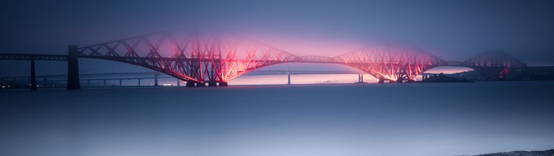 Forth Bridge, United Kingdom, UNESCO World Heritage Site, Queensferry, Sunset, River, Night, Railway Bridge, Cantilever bridge, Purple light, Fog, 5K