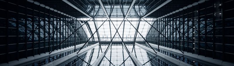 Modern architecture, Skylight, Looking up at Sky, Glass building, Atrium, Symmetrical, 5K, 8K