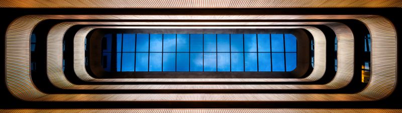 Bush Pavilion Hotel, London, Atrium, Symmetrical, Looking up at Sky, Blue, Skylight, 5K, 8K, England