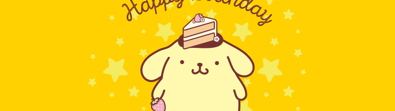Pompompurin, Happy Birthday, Yellow background, Cute cartoon, 5K, Sanrio, Kawaii cartoon, Yellow aesthetic