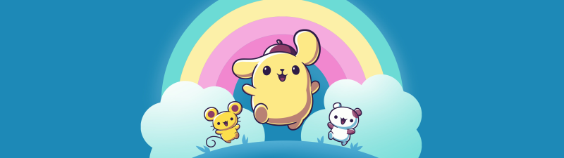 Pompompurin, Scone, Muffin, Blue background, Cute cartoon, 8K, 5K, Sanrio, Kawaii cartoon