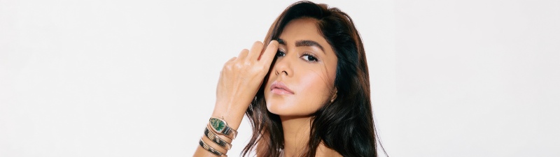 Mrunal Thakur, Black dress, Indian actress, White background, 5K, Portrait