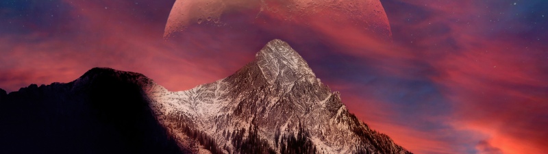 Blood Moon, Mountain Peak, 5K, Snowy Mountains, Twilight