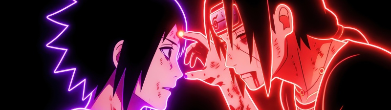 Itachi Uchiha, Sasuke Uchiha, Neon art, Neon glow, Black background, 5K
