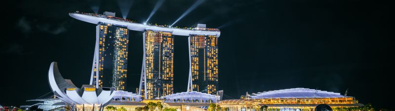 Marina Bay Sands, Singapore, Hotel, Night life, City lights, Body of Water, Reflection, Light beam, Dark, Modern architecture, Cityscape, 5K