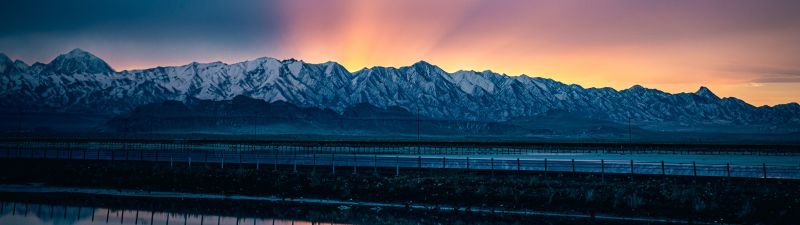 Snow mountains, Landscape, Sunrise, Salt Lake City, Water, Reflection, Scenery, Reflection, Mountain range, Clear sky, 5K