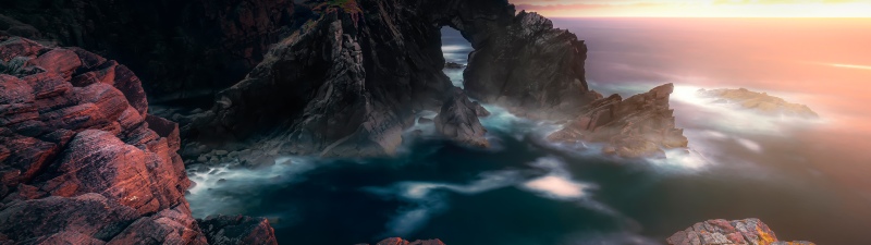 Stac a Phris Arch, Scotland, Long exposure, Sunset, Coastline, Rocky coast, Ocean, Isle of Lewis, Rock formations, Seascape, 5K