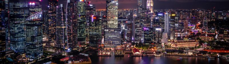 Singapore City, Cityscape, Modern architecture, Skyscrapers, Nightlife, City lights, Waterfront, Reflection, 5K