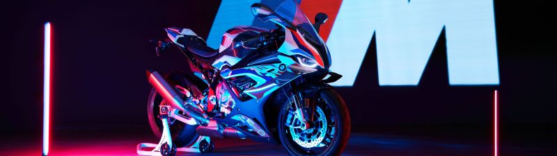 BMW M 1000 RR, Neon, Race bikes, 2021, 5K, Dark background, Dark aesthetic