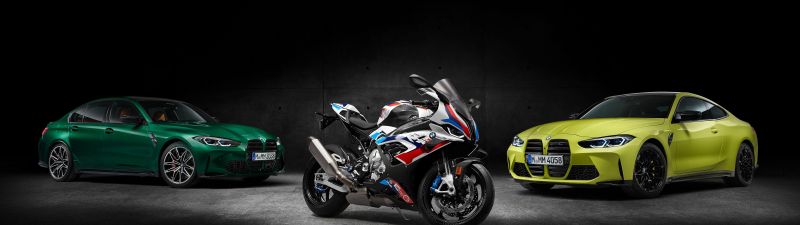 BMW M 1000 RR, BMW M3 Competition, BMW M4 Competition, Race bikes, Sports bikes, 2021, Black background, 5K