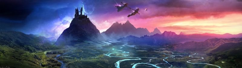 Dream, Flying together, Mountains, Evening, Dusk, Boy and Girl, Neverland, Magical