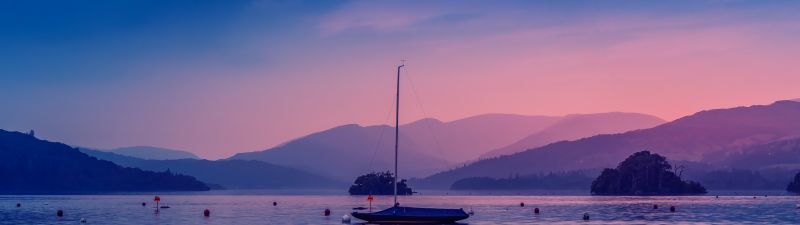 Windemere lake, Boat, Bowness Bay, Dawn, Body of Water, Evening, Mountains, Colorful Sky, 5K