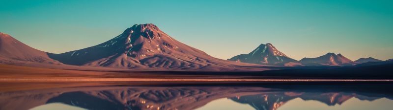 Laguna Lejia, Salt Lake, Chile, Mountains, Blue Sky, Reflection, Body of Water, Mountain range, Volcano, Lejía Lake, Landscape, Sunset, 5K