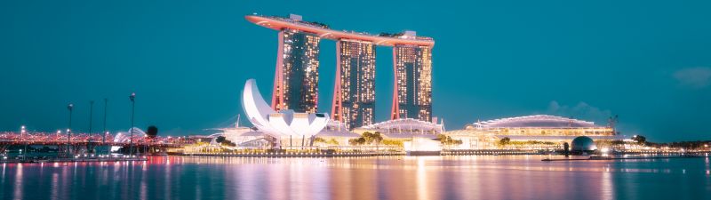 Marina Bay Sands, Reflection, Hotel, Singapore, Blue hour, Night life, City lights, Body of Water, Modern architecture, Cityscape, Blue Sky, 5K