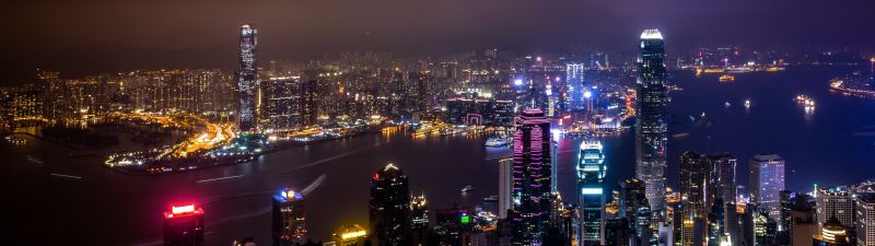 Hong Kong City Skyline, Body of Water, Skyscrapers, Night time, Cityscape, Aerial view, City lights, River, 5K