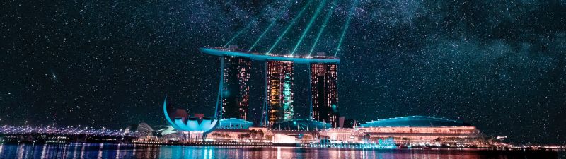 Marina Bay Sands, Night City, Hotel, Singapore, Stars, Night life, City lights, Body of Water, Reflection, Light beam, Modern architecture, Laser Lights, Astronomy, Cityscape, 5K, Dark aesthetic