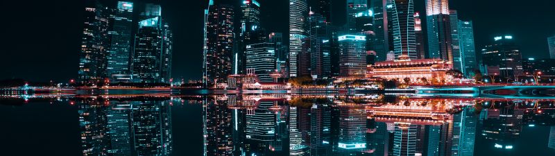 Singapore City, Skyscrapers, Modern architecture, Night life, City lights, Reflection, Symmetrical, Buildings, Body of Water, 5K