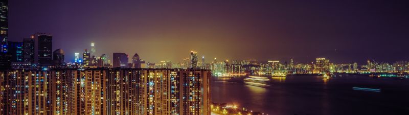 Quarry Bay Park, Hong Kong City, Cityscape, Night time, City lights, Highway, Buildings, Skyscrapers, Sea, Purple sky, Body of Water