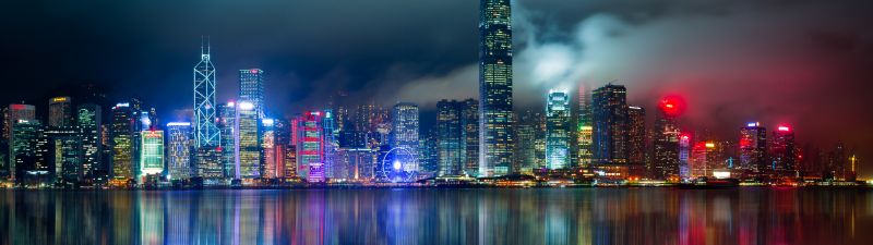 Hong Kong City, 8K, Skyline, Body of Water, Reflection, Skyscrapers, Modern architecture, Cityscape, Night lights, Scenic, 5K