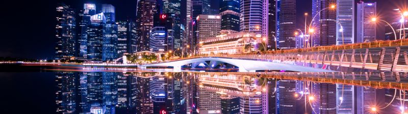 Singapore, City Skyline, Skyscrapers, Modern architecture, Body of Water, Reflection, Symmetrical, Cityscape, Night time, City lights, Beautiful, 5K