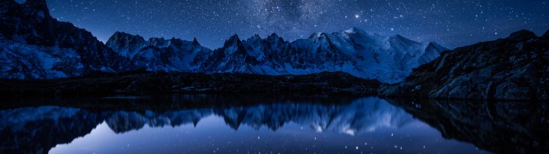 Milky Way, Night, Starry sky, Mountains, Lake, Reflection, Cold, 5K
