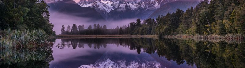 Lake Matheson, Aesthetic, New Zealand, Landscape, Mountains, Lake, Water, Winter, Reflection, Glacier, Trees, Purple sky