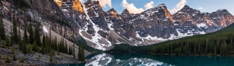 Moraine Lake, 8K, Canada, Reflection, Sunset, Water, Landscape, Mountain Peaks, Snow, Scenic, Clouds, 5K