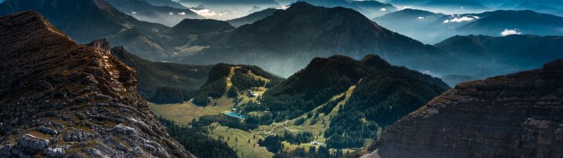 Warscheneck, Eastern Alps, Austria, Landscape, Mountain range, Valley, Village, Scenery, Blue Sky, 5K