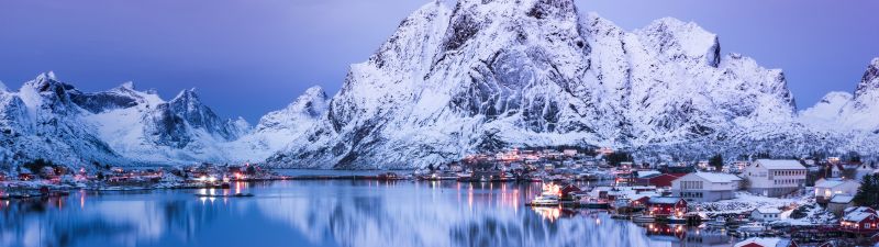 Reine, Lofoten islands, Snow mountains, Glacier, Reflection, Village, Water, Norway, Aesthetic, 5K, 8K