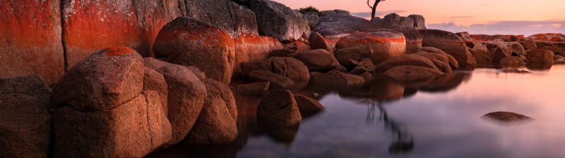 Binalong Bay, Tasmania, Australia, Sunrise, Landscape, Rocks, Body of Water, 5K, 8K