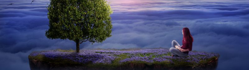 Surreal, Dream, Woman, Floating, Lone tree, Above clouds, Sunrise