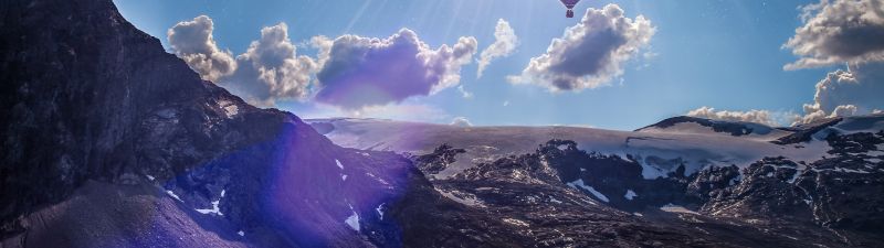 Hot air balloon, Mountains, Lake, Sun rays, Sun light, Clouds, Landscape, Norway, 5K