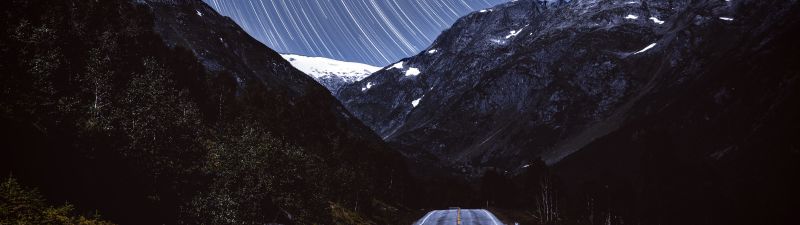 Mountains, Star Trails, Road, Tarmac, Night, Timelapse, Dark, 5K