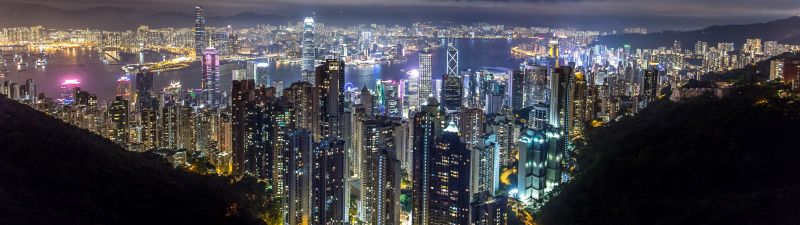 Hong Kong City, Skyline, River, Night time, Skyscrapers, Clouds, Cityscape, 5K