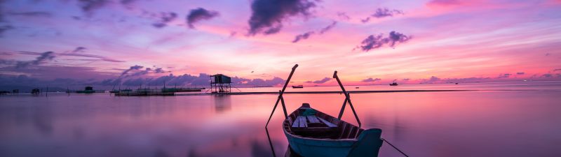 Rowing boat, Sunset, Body of Water, Beach, Reflection, Evening, Dawn, Ocean, Purple sky, Clouds, Seascape, Aesthetic, 5K