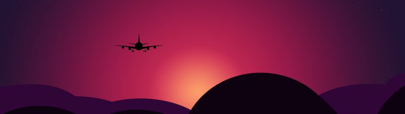 Plane, Sunset, Starry sky, Illustration, Red Sky